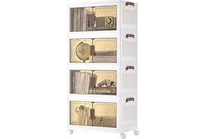 SONGMICS Storage Boxes with Lid, 4-Tier Stackable Organiser with 1 Lid, Plastic Storage Bins on Wheels, Magnetic Door, Home Organisation, White, 45 L per Tier, 180 L Total, RLB450WZ01