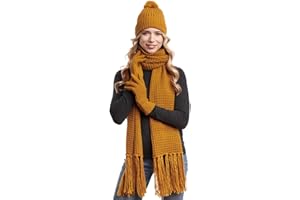 Hilltop Set Invernale da Donna, Sciarpa, Cuffia e Guanti, Scialle XXL con Frange/Foulard a Maglia, Berretto con Pompom e Coprimani Abbinati, 3 Pezzi
