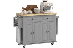 HOMCOM Kitchen Island on Wheels, Rolling Kitchen Storage Trolley with Rubber Wood Top, Drawers, Adjustable Shelves, Towel and Spice Rack for Dining Room, Grey