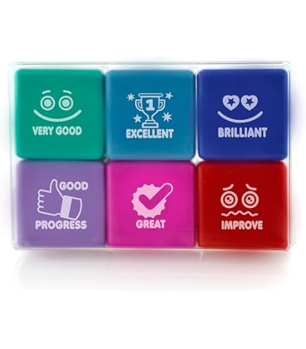 Set Timbri Per Insegnanti - 15 Timbri In Legno Di Faggio Con 6 Tamponi Colorati, 300 Adesivi E E-book - Ideale Per Valutazioni E Incoraggiamento A Scuola