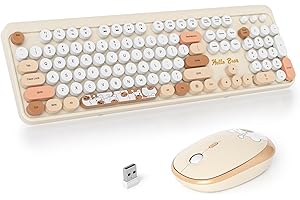 SOLIDEE Combo Tastiera e Mouse Wireless,tastiera macchina da scrivere retro,Tastiera per Computer con Tasti Rotondi 2.4GHz con Tastierino Numerico,Tastiera a 104 Tasti(Americana QWERTY)(Bear Beige)
