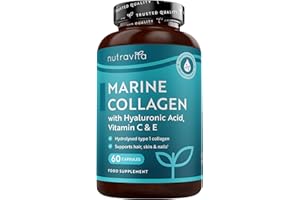 Nutravita Marine Collagen 1000mg - 60 Capsules of Superior Type 1 Hydrolysed Collagen - Enhanced with Hyaluronic Acid, Vitamin C, Vitamin E, Vitamin B2, Zinc, Copper and Iodine - Made in The UK