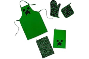 Ukonic Minecraft Green Creeper Kitchen Set For Baking, BBQ Grilling | Includes Cooking Apron, Oven Mitt, Dish Towels, Pot Holder