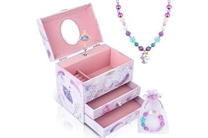 Homtibrm Musical Jewellery Box For Girls - Large Kids Jewellery Music Box with 2 Pullout Drawers & Unicorn Jewellery Set, Great Birthday Gifts for Girls Christmas Gifts, Pink Ballerina Design