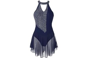 Jowowha Femme Robe de Danse Latin Ballet Salsa Tutu Gym Robe sans Manches Strass Justaucorps Gymnastique Robe Patinage Artistique Robe Chic Elégante Bodysuit S-XL