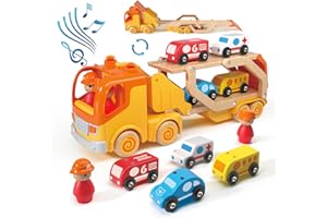 Wanborns Kleinkindspielzeug für 2 3 4 5 jährige Kinder, Transport-Auto-Träger-LKW-Spielzeug mit 4 Holzfahrzeugen, 60cm klappbarer Anhänger mit Licht- und Soundeffekten, Weihnachten Geburtstag