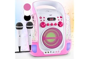 AUNA Kara Liquida - Appareil karaoké, Systeme Karaoke Complet, Effet Lumineux, Lecteur CD, Port USB Compatible MP3, Sortie vidéo, 2 Microphones, Poignée de Transport, 2 entrées Jack - Rose