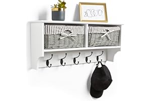 VonHaus Coat Hooks Wall Mounted - White Coat Rack Shelf w/ 2 Grey Wicker Storage Baskets & 5 Strong Double Clothes Hooks - Hallway Organiser w/Shelving for Hall & Entryway - for Scarves, Bags