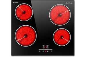 Karinear Plaque Vitroceramique 4 Feux Encastrable, Plaque électrique Intégrée 60 cm avec Commande Coulissante, Table de Cuisson 4 Foyers avec Verrouillage de Sécurité, Minuterie, 6000W 220V-240V