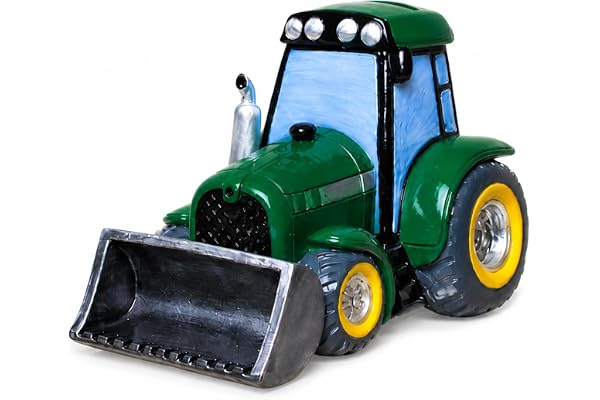 Topshop24you Sparbössa traktor, grön, stor, handmålad (13 x 17 x 17 cm) – detaljerad traktor med gummipluggar – present till barn, pojkar och jordbruksfans (grön skyffel)