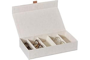 LOVE !T STORE !T LOVE IT STORE IT Premium Custodia Occhiali in Lino-Cotone - Portaocchiali con 5 Scomparti in Velluto - Coperchio con Chiusura Magnetica - Rinforzo in Legno - 30x17x6 cm - Beige