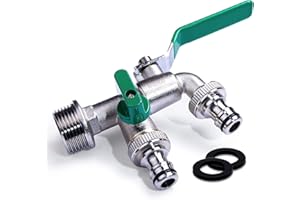 WaterGo 1/2 Inches Premium Double spout Valve, Frost Proof, Brass, incl. Hose Connection – Gardena Compatible, tap with Two outlets for Garden, Home and Industry, with Outlet Ball Valve for Indoor.