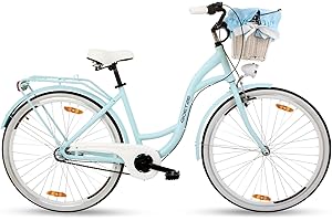 ‎GOETZE Goetze Style 28 Zoll Damen Citybike, 18 Zoll Aluminiumrahmen, Tiefeinsteiger, 3-Gang Nabenschaltung, Rücktrittbremse, LED-Beleuchtung, Gepäckträger, Komfortsattel, Rattankorb mit Stoffeinsatz!