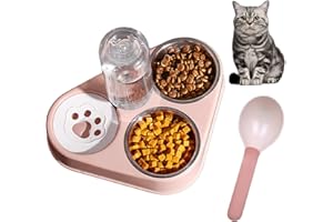 BARLEY EARS Automatic cat Food Dispenser, Three-in-one cat bowl, Automatic Feeder Bowls for cat/Dog, Flat cat Bowls Water and Food Bowls Set Served with cat Food Spoon