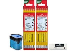 Faber-Castell school utilities writing bundle pack, Yellow Graphite Pencil hb 12PcX2Box + Dust Free Eraser 1Pc + Plastic Barral Sharpener -1Pc, Set of 4