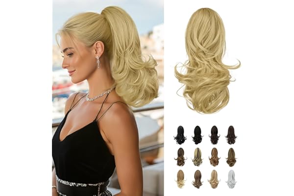 Sofeiyan 13" Ponytail Extension Long Curly Ponytail Clip in Claw Hair Extension Natural Looking Synthetic Hairpiece for Women,Light Blonde mix Bleach Blonde Evenly