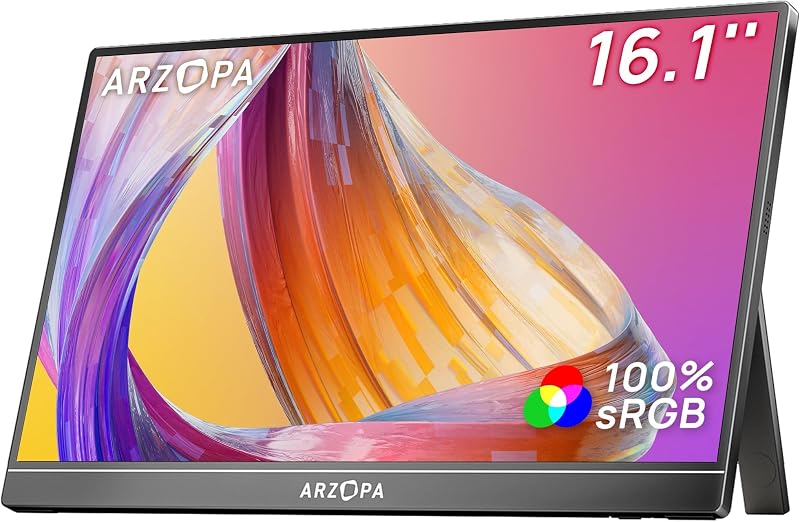 ARZOPA 16.1" Portable Monitor, 1920Ă—1080 FHD IPS Tragbarer Monitor fĂĽr Laptop mit Einzelstange, UnterstĂĽtzt HDMI/Typ-C/USB-C, Augenschutz-Gaming-Bildschirm fĂĽr Laptop/PC/Mac/PS3/4/5/Xbox