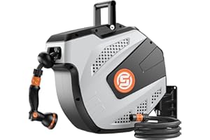 SUNPOW Avvolgitubo da Giardino Retrattile - Arrotolatore Tubo Acqua Parete con Ugello Spruzzatore a 10 Funzioni - Blocco della Lunghezza, Sistema di Riavvolgimento Automatico, Orientabile a 180°, 15m