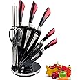 CERAMIC Kitchen Knife Set with Acrylic Knife Stand - Knife Sharpener and Scissors, Ergonomic Non-Slip Handles, Laser Cut Blade Sharpness, Chef Quality Stainless Steel, 8 Piece (Red)