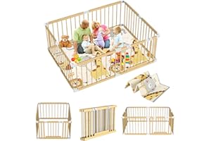 GERCHAM Laufstall Baby mit Matratze,160x180cm XXL Laufgitter für Baby & Kleinkind aus hellem Fichten holz mit Sicheres Schutzgitter,Aktivitätscenter für Kinder Laufgitter Faltbar