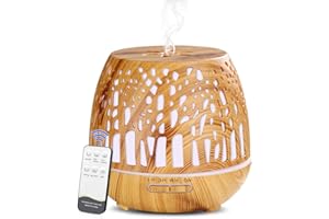 Simpeak Aroma Diffuser 400ml, Ultraschall Raum Diffuser Holz für ätherische Öle, Aromatherapie Düfte Luftbefeuchter mit Fernbedienung - Geschnitztes Wald, Hellbraun