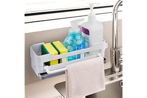 Tufa Porta Spugna da Cucina, Organizer Per Lavello da Appendere, Porta Spugna Lavandino Senza Forare, Porta Spugna con Vassoio di Scarico Rimovibile & Ganci & Portasciugamani per Cucine Bagni-Bianco