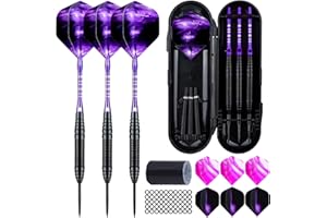 Sinwind Darts with Metal Tip, 3 Pieces 22 g Professional Steel Darts, Steel Darts Set 3 Aluminium Shaft with 9 Flights, 50 Anti-Loose Rubber Rings and 1 Dart Tool Sharpener