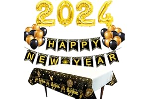 Amycute New Years Eve Decoration 2024, Happy New Year Banner Tablecloth 2024 Giant Foil Balloons Black Gold Balloons for New Year Photo Booth Props Photo Background