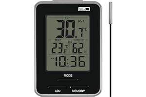 ‎EMOS EMOS Digitales Thermometer mit Außensensor, Innen- und Außenthermometer und Hygrometer, Anzeige Min. und Max. Messwerte, Wecker mit Snooze-Funktion, batteriebetrieben, Silbern