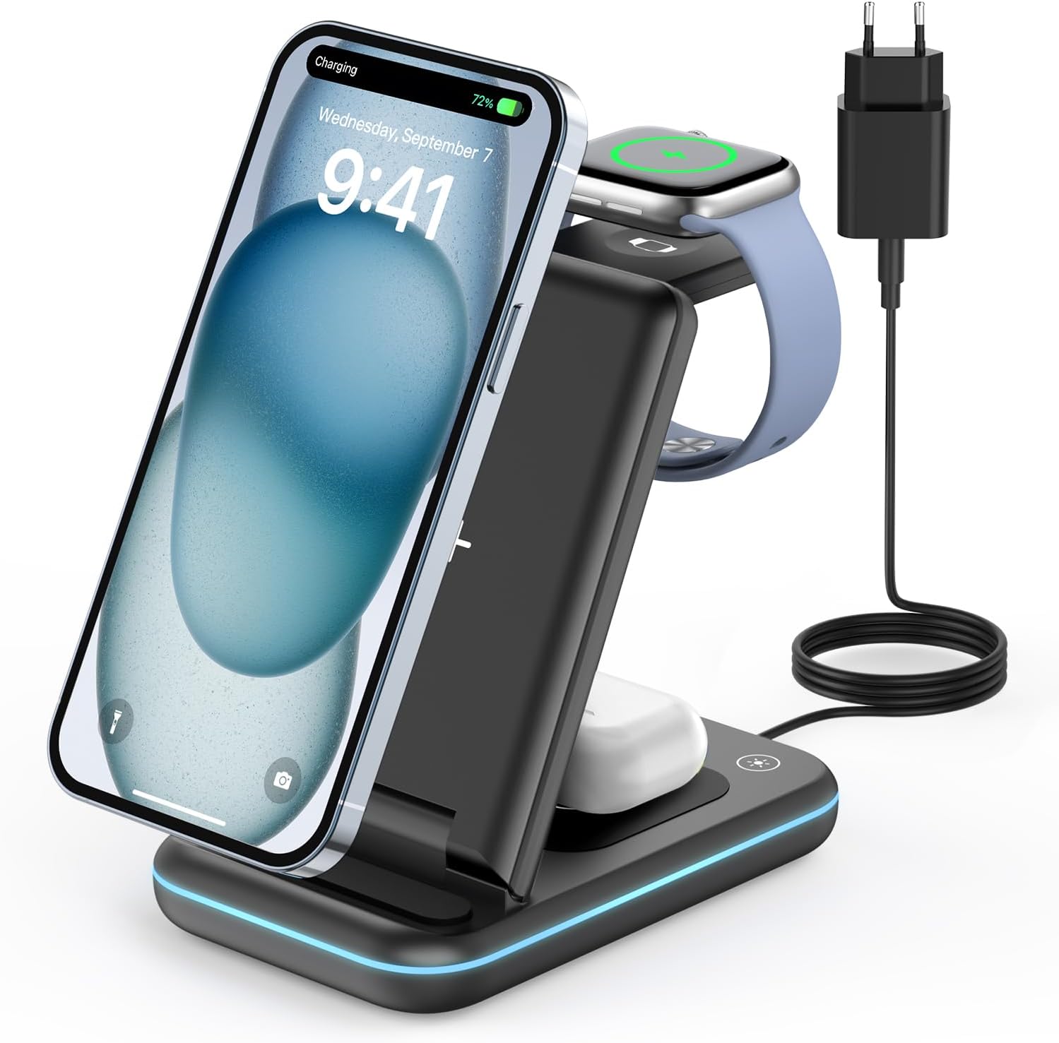 JoyGeek Cargador Inalámbrica, Plegable 3 en 1 Base Cargador para i Phone 17/16/15/14/13/12/Plus/Pro MAX, Estación de Carga para AppleWatch Ultra-2, Rapida Wireless Charger para AirPods 4/Pro/3/2-Negro