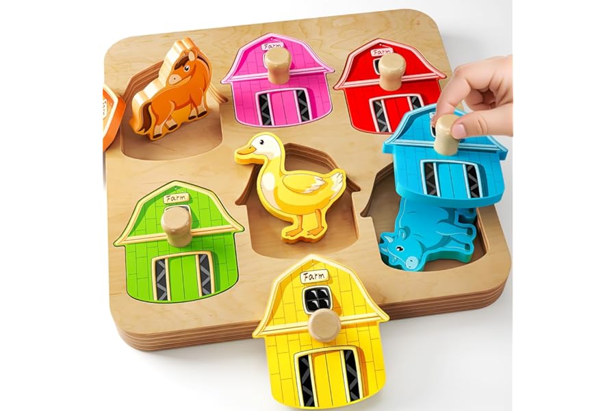Farm Animal Peg Puzzles Wooden Toys for 1 Year Old: Montessori Toys for Boys Girls Baby 12-18 Months Birthday Gifts Present - Educational Learning Toys for Toddlers Age 1 2 3