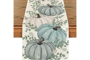 Artoid Mode DREI Blau Kürbisse Eukalyptus Herbst Tischläufer, Saisonnal Küche Tisch Dekoration Drinnen Urlaub Party Dekor 40x140 cm