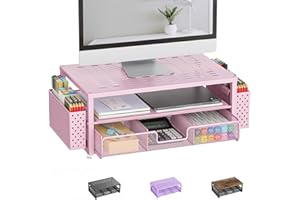 Pygocereri Monitor Stand Riser, Desk Accessories and Organizer with Drawer and 2 Pen Holder, Desk Monitor Riser for Screen, Ergonomic Desktop Stand for Work Office Accessories (Pink)