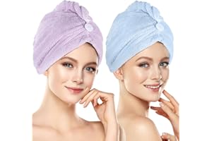 BULURI Hair Drying Towel Wraps, 2 Pack Microfibre Towel Twist Turban with Button Design Super Absorbent Quick Drying Hair Towel for Curly/Long/Thick Hair