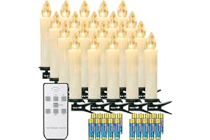 yunsheng 20er Weihnachtsbaumkerzen mit Fernbedienung und Timer, Warmweiß Christbaumkerzen Kabellos, Batteriebetriebene Flammenlose Flackern Weihnachtsbaum Lichterkette, IP64, (Enthält 20 AA-Batterien)