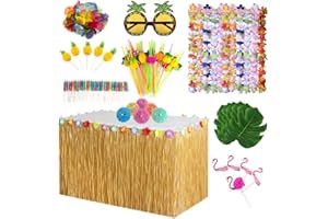 OTMVicor Vicor Hawaiian Tropical Party Decoration Set,Hawaiian Grass Table Skirt,Flower Garland(hide inside the pack of the table skirt) Pineapple and Flamingo Cupcake for Hawaiian Themed Beach Party