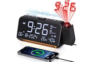 Mesqool Radiowecker mit 320° Projektor, Digitaluhr für Schlafzimmer, USB/Type-C-Anschluss, Doppelalarm mit Wochenend/Wochentagsmodus, Snooze, Dimmer, Batterie-Backup, Projektionswecker, Nachtlicht