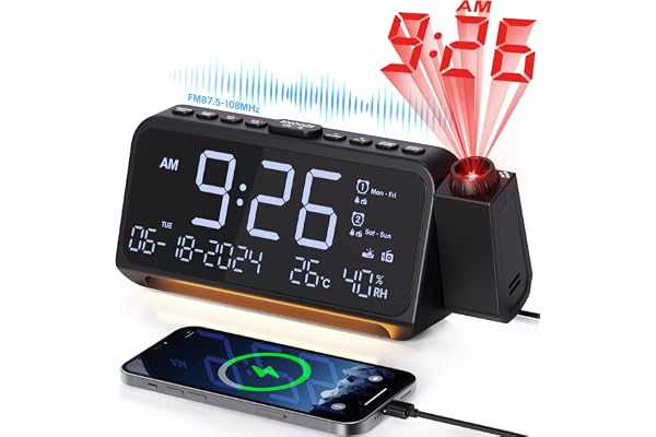 Mesqool Radioväckarklocka med 320° projektor, digital klocka för sovrum, USB/Type-C-anslutning, dubbelt larm med helg/vardags
