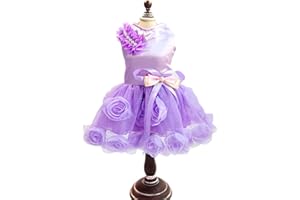 SMALLLEE_LUCKY_STORE Pet Small Dog Wedding Dress with Bowknot Birthday Party Costume Satin Rose Pearls Girl Formal Dress Cat Tutu Purple Violet, Medium