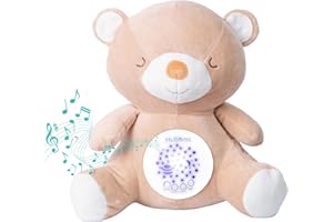HuBorns - Chloe The Cow, White Noise Baby Sleep Aid, 15 Calming Music for Sleep, 3-Modes White Noise Machine Baby with Star & Galaxy Lullaby Night Light Projector, Portable Plush Soother (Bear)