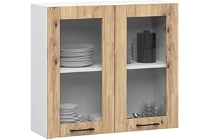 AKORD | Pensile da Cucina a Parete - Vetrina Sospesa in Vetro 80 cm, H720 | 2 Ripiani e 2 Anta Armadio da Cucina | Componibile Mobili da Cucine Armadi | Pannello laminato | Bianco & Rovere Artisan