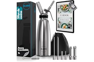 B-ARS Dispensador Crema Batida Profesional Acero Inoxidable 1L Incluye Boquillas Decorativas Cepillo Limpieza Ebook Recetas Cocina Espumas Postres Fáciles y Creativos Sifon de Cocina Profesional