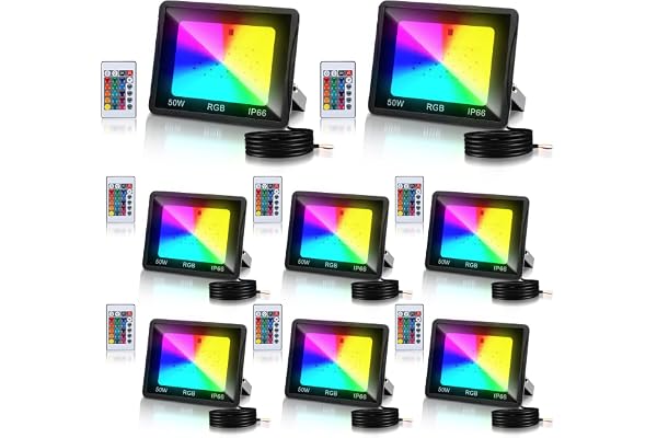 Cecaylie Projecteur LED RGB Exterieur 50W, 8 pack Projecteur LED Couleur avec Fonction Mémoire & Télécommande, Spot LED Extérieur de Jardin 16 Couleurs 4 Modes, Etanche IP66 pour jardins, Terrasse