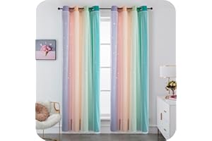 GIRASOLE HOME® Coppia Tende Doppio Velo Oscuranti Morbide Fantasia Stelle Vuote Tenda Isolante per Camera e Cameretta Bambini 2 Pannelli con Occhielli (140x235cm, Arcobaleno Caldo)