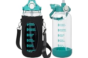 Seekua 2l Trinkflasche Glas Flasche mit Strohhalm & Zeitmarkierung, 2 liter Wasserflasche mit Früchteinsatz & Schutzhülle für Smoothie, Früchte, Kohlensäure geeignet