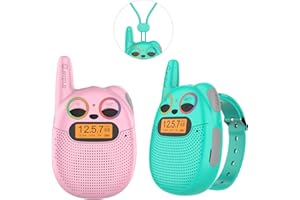QNIGLO Talkie Walkie Enfants Rechargeable, Portée 1-3 km, Autonomie 7 Jours, VOX, Yeux Lumineux, Cordon, Bracelet, 3-13 Ans (Lot de 2)