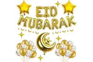 NEWUPZSI Decoration Eid Mubarak 2025 or Ramadan Aid Moubarak Banderole Eid Mubarak Ballons Etoile Lune Guirlande Décor Gâteau Eid Décoration Ramadan musulman islamique Parti