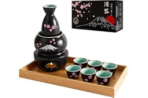 DUJUST Ensemble à saké japonais 10 pièces, ensemble à saké en porcelaine avec motif Sakura & Fuji, 6 coupes à saké, 1 bouteille, 1 réchauffeur, 1 réchaud à bougie, 1 plateau et 1 boîte, Noir