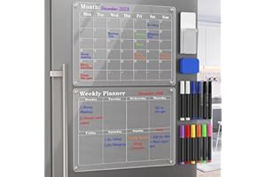 Langaelex Lot de 2 Calendriers Magnétiques Frigo 40x30cm Tableau Transparent Effaçable Planificateur Mensuel & Hebdomadaire en Acrylique avec 12 Marqueurs 1x Porte-stylo 1x Eponge Tableau (Anglais)
