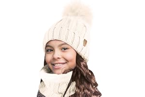 TOSKATOK Kinder Mädchen Winter gerippter Seestich Thermo warmer kuscheliger Fleece gefütterter Halswärmer Snood Schal mit Mütze Set